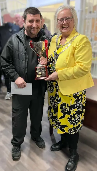 Ifton Miners' Joey Williams presented with trophy by Deputy Mayor of Wrexham, Tina Mannering